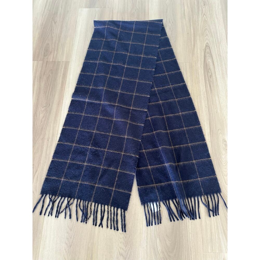 Nordstrom 100% Alpaca Scarf Navy Blue Tan Grid Plaid Fringe Made in Peru